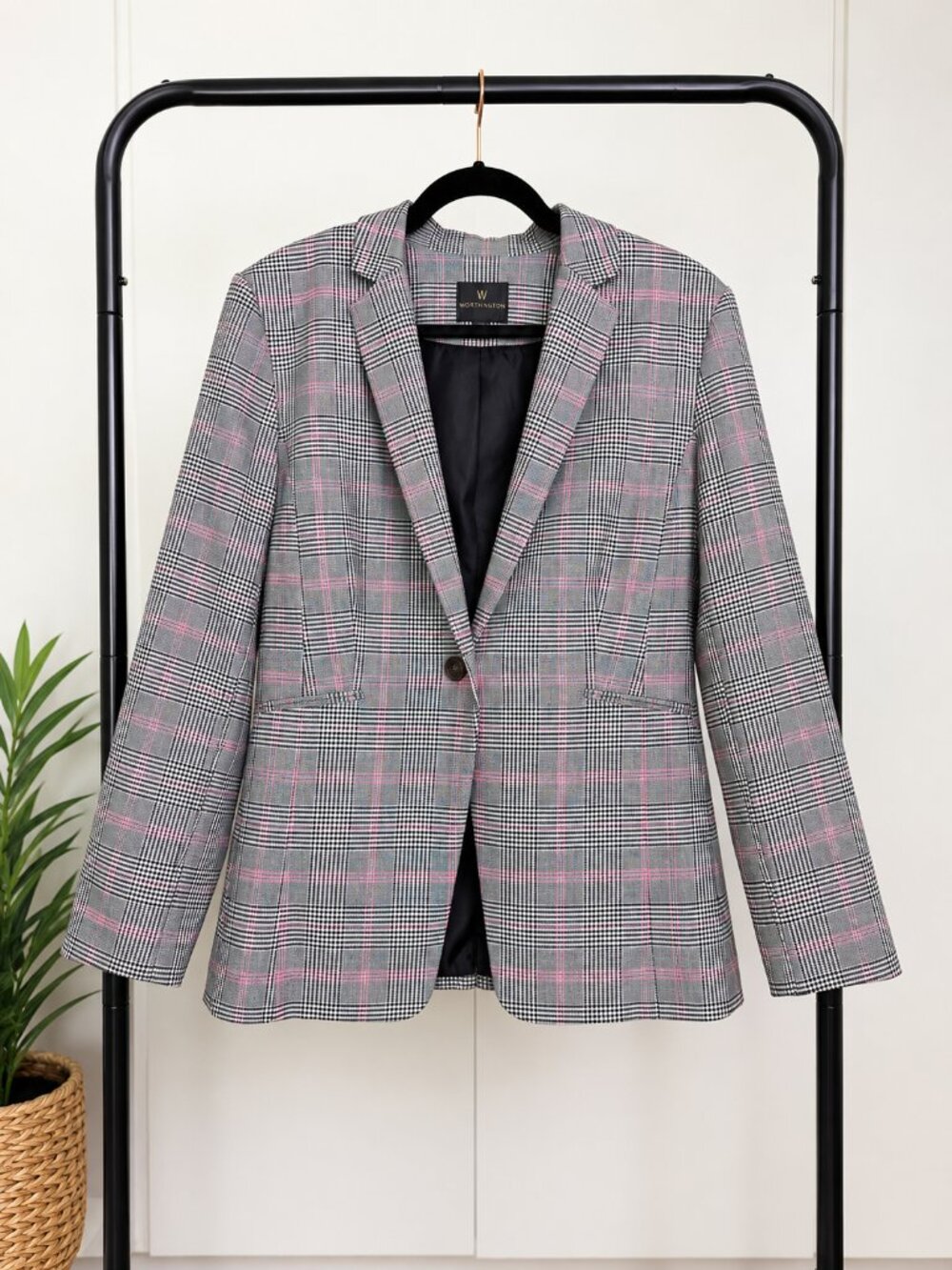 Worthington Plaid Blazer Gray Pink Size Large Tailored Career Jacket